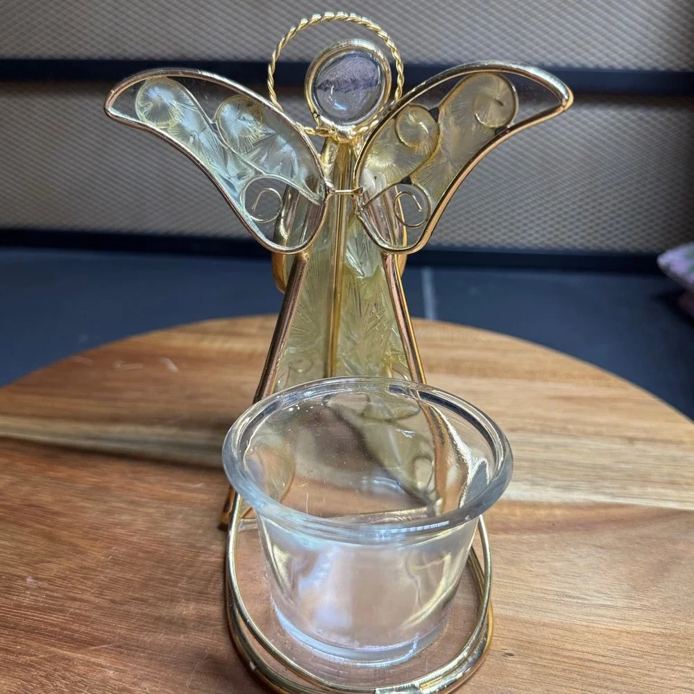 Vintage Gold Tone Wire Angel Votive Candle Holder Iridescent Glass 5.25 Inch